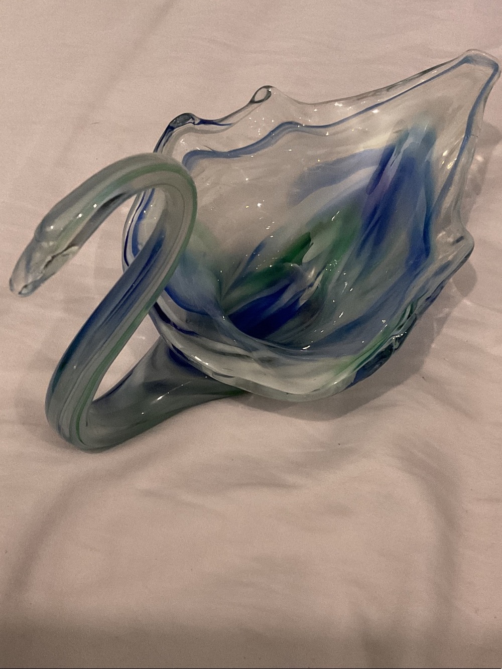 Hand-Blown Art Glass Swan Bowl in Blue and Green